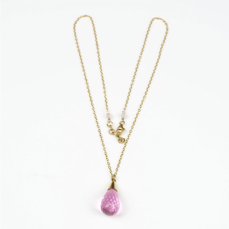 collier argent 925 plaqué or pendentif Tessera en Zircon rose en goutte facetté et deux quartz rose rond au fermoir