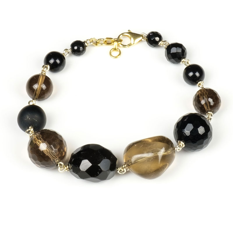 Bracelet Sombre Brillance, Argent 925, onyx noir, quartz fumé, fermoir argent 925 plaqué or 18 carats